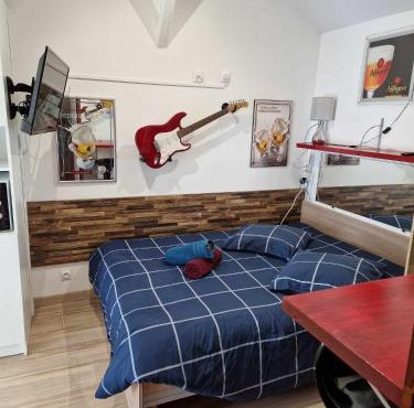 07 - Joli studio avec clim tout équipé avec un lit double, vue sur jardin, parking privatif gratuit, grand fourgon possible, tout le linge de maison est fourni