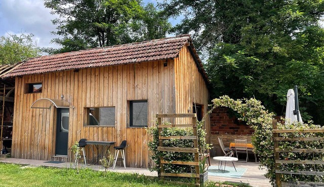 Gîte du Pin endormi - wooden cabin with a deck in a wooded setting